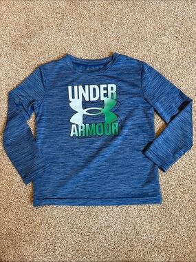 Boys Under Armour Blue Heather Long Sleeve Top with Green Logo